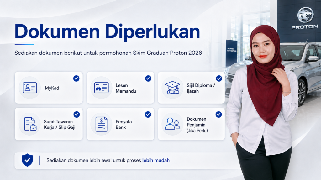 Nurul Proton menerangkan dokumen diperlukan untuk permohonan Skim Graduan Proton 2026 seperti MyKad, lesen, sijil akademik, slip gaji dan penyata bank