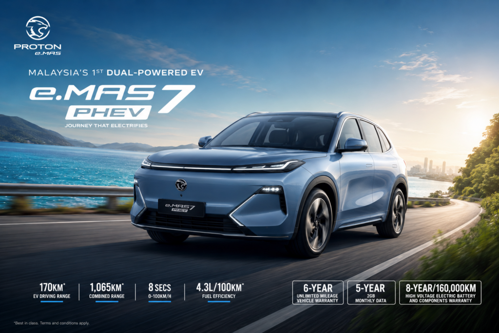 Hero imej Proton e.MAS 7 PHEV berwarna biru sedang dipandu di jalan pesisir pantai, menonjolkan SUV dual-powered EV dengan jarak EV sehingga 170 km, gabungan jarak pemanduan sehingga 1,065 km dan teknologi PHEV moden.