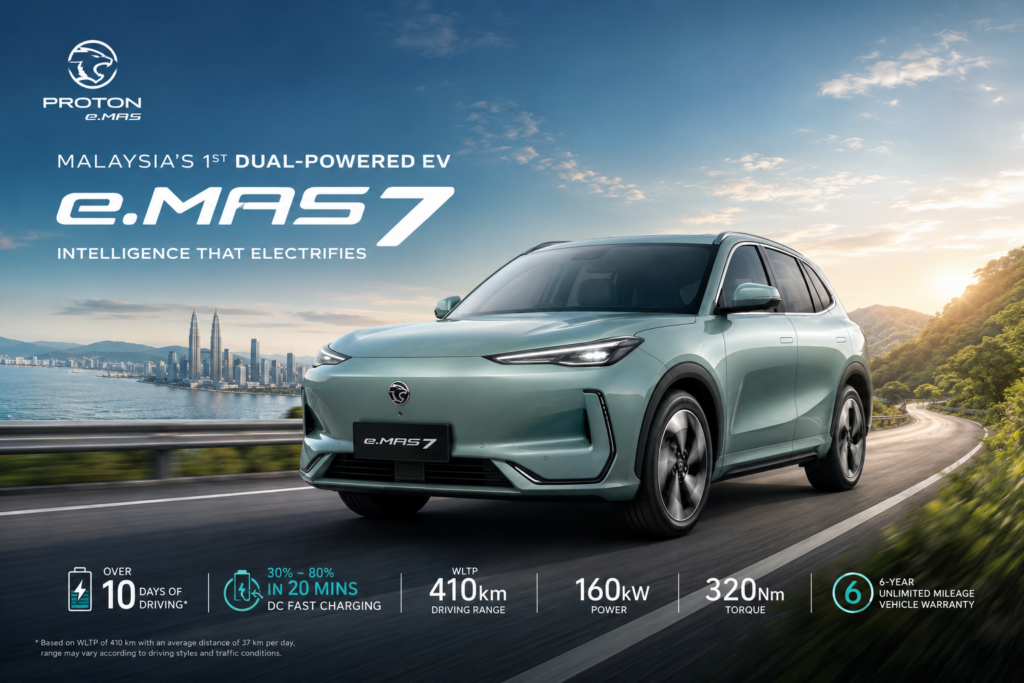 Hero imej Proton e.MAS 7 2026 berwarna hijau turquoise sedang dipandu di jalan berbukit dengan latar pemandangan moden, menonjolkan EV elektrik sepenuhnya dengan teknologi pintar, pengecasan pantas dan jarak pemanduan sehingga 410 km WLTP.