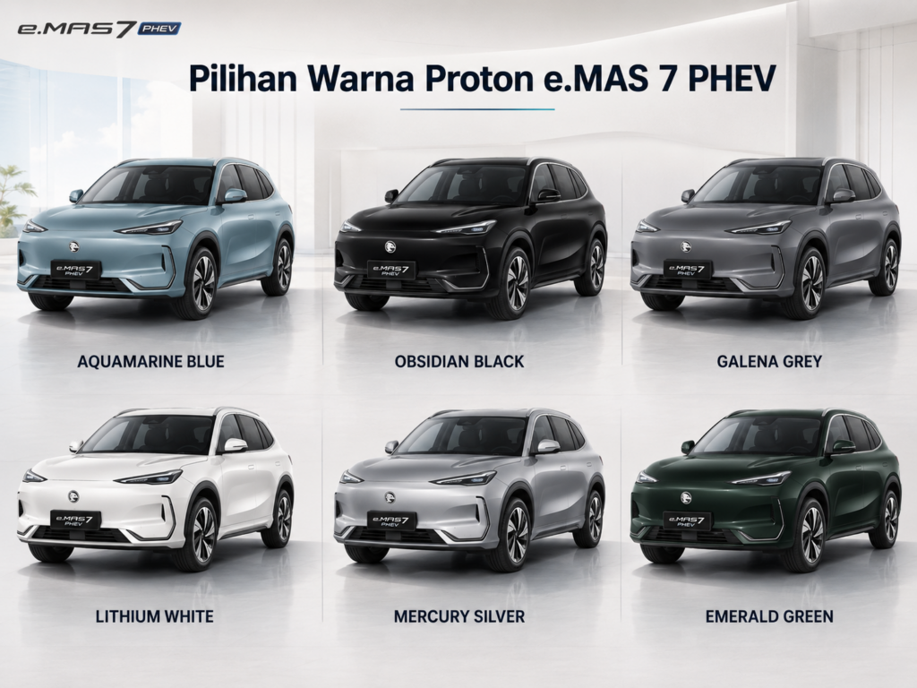 Imej pilihan warna Proton e.MAS 7 PHEV yang memaparkan enam warna iaitu Aquamarine Blue, Obsidian Black, Galena Grey, Lithium White, Mercury Silver dan Emerald Green.