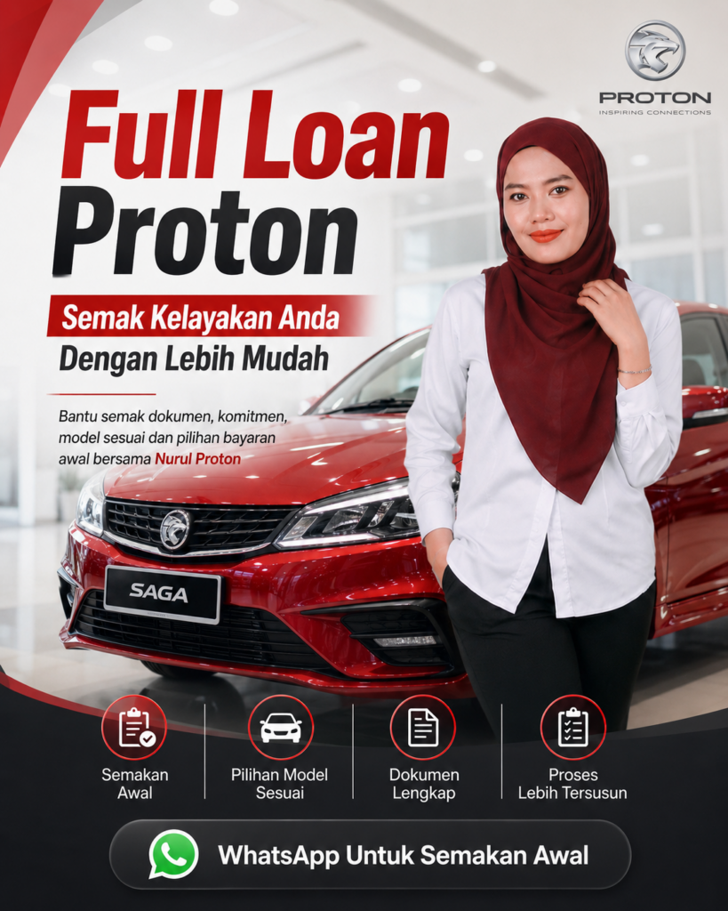Poster full loan Proton bersama Nurul Proton dengan kereta Proton Saga merah, semakan kelayakan awal, pilihan model sesuai, dokumen lengkap dan proses lebih tersusun.
