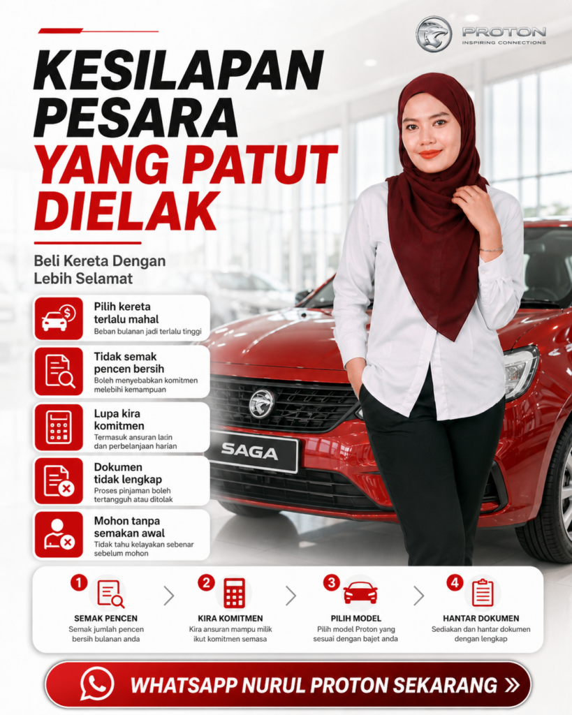 Panduan kesilapan pesara yang patut dielak semasa beli kereta Proton seperti pilih kereta terlalu mahal, tidak semak pencen bersih, lupa kira komitmen dan dokumen tidak lengkap.