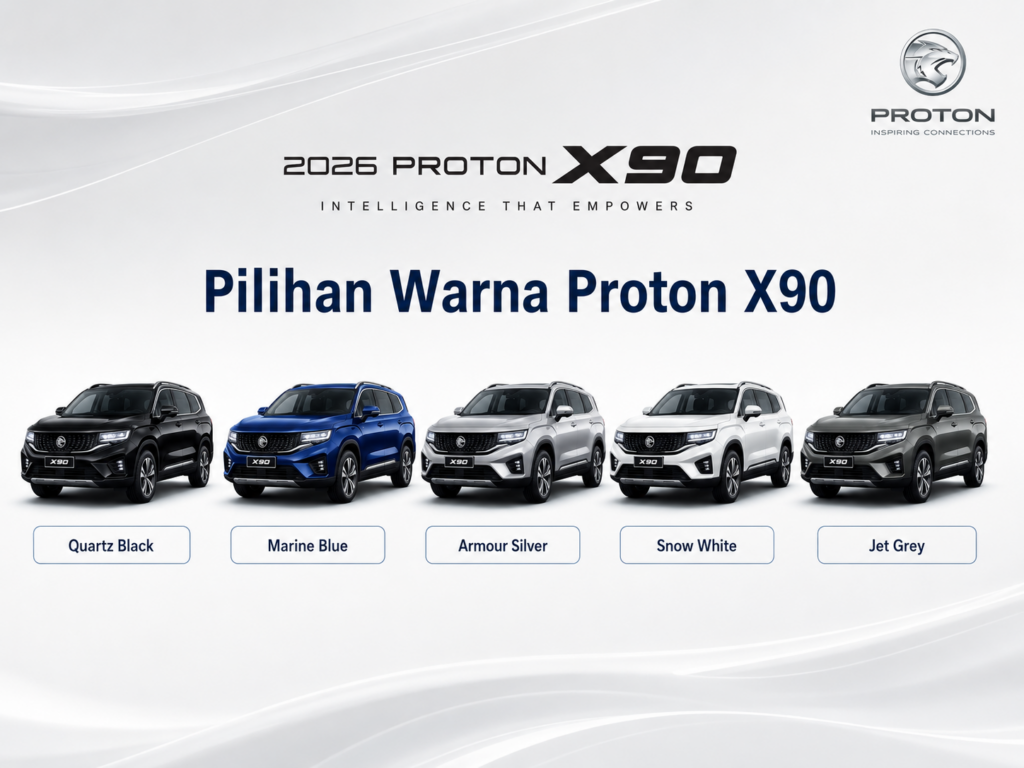 Pilihan warna Proton X90 2026 termasuk Quartz Black, Marine Blue, Armour Silver, Snow White dan Jet Grey berdasarkan brochure rasmi Proton X90